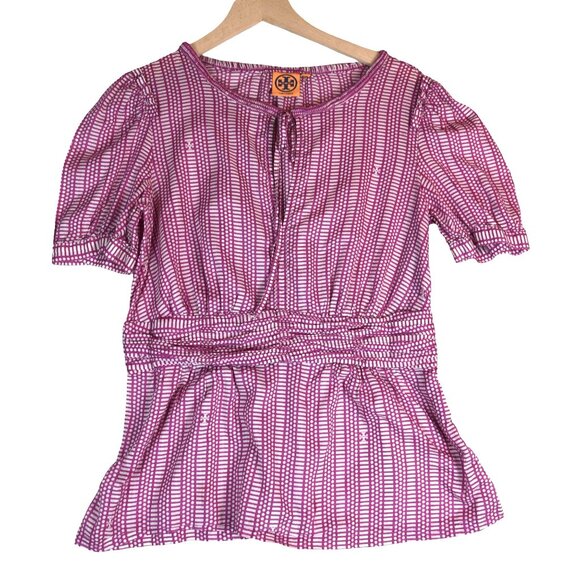 Tory Burch Pink Geometric Peplum Top Size 10 Boho Puff Sleeve 100% Cotton Design - Picture 1 of 8